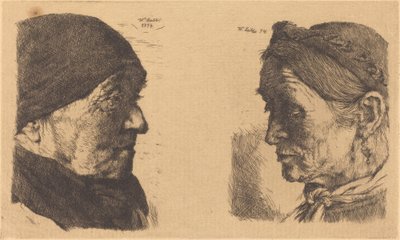 Sağdaki Profilde Yaşlı Bir Köylü Kadının Portresi ve Kapalı Gözlü Köylü Kadın by Wilhelm Maria Hubertus Leibl