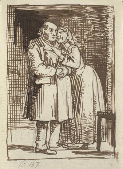 Silezyalı karısı Bir kadın, acilen yaşlı kocasıyla konuşuyor ve kollarını onun boynuna dolamış. by Wilhelm Marstrand