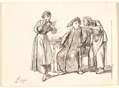 Bir babayla konuşan yaşlı bir kadın, t.v. genç kadın by Wilhelm Marstrand