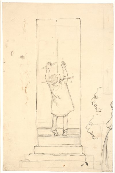 Küçük bir adam bir kapıyı çarparak açmak için parmak uçlarında duruyor. Profillerin ve kadının çizikleri by Wilhelm Marstrand