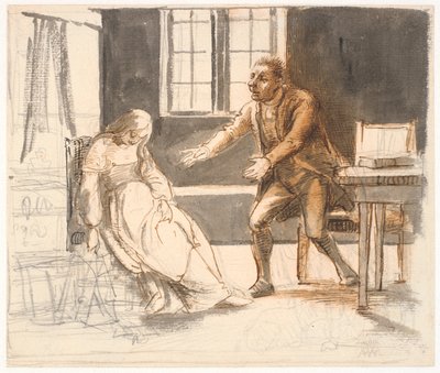 Bir adam kollarını sandalyede bayılan bir kadına doğru uzatıyor. by Wilhelm Marstrand