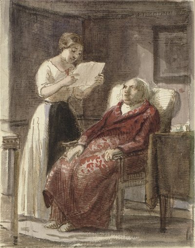 Genç bir kız, kırmızı sabahlık giymiş yaşlı bir adama yüksek sesle bir mektup okur. by Wilhelm Marstrand