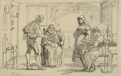 Genç bir adamın oturmuş bir keşişe bir şey açıkladığı iç mekan, ör. ağlayan kız ve yaşlı karısı by Wilhelm Marstrand