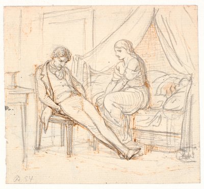 Cesareti kırılmış genç adam ve yatakta bir kız ile iç by Wilhelm Marstrand