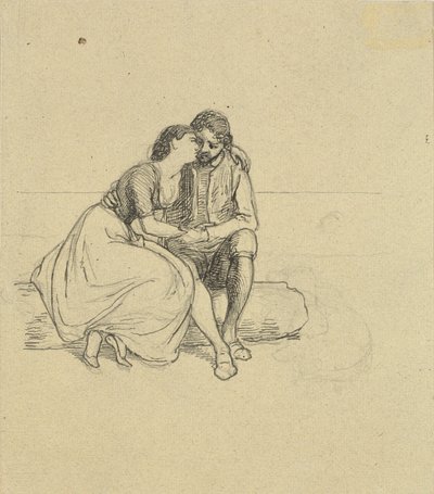 Bir ağaç gövdesi üzerinde oturan ulusal kostümler içinde sevgi dolu çift by Wilhelm Marstrand