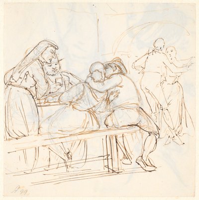Osteriscene, ön planda, oturmuş bir çift öpüşüyor by Wilhelm Marstrand