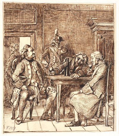 Doğumevinin Sahnesi. Corfitz, memur ve Jens Olsen ile gergedan şarabı içiyor by Wilhelm Marstrand