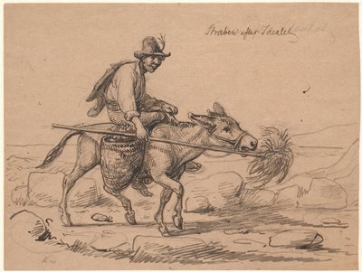 "İdealin peşinde". İtalyan eşek binicisi, burnu için bir direğe saman çırpma teli tutarak hayvanı ileriye doğru itiyor. by Wilhelm Marstrand