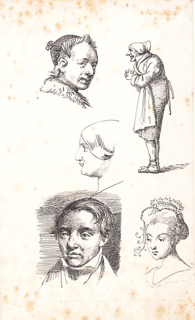 İki erkek başlı, iki kadın başlı ve ayakta duran bir adamdan oluşan çalışma sayfası by Wilhelm Marstrand