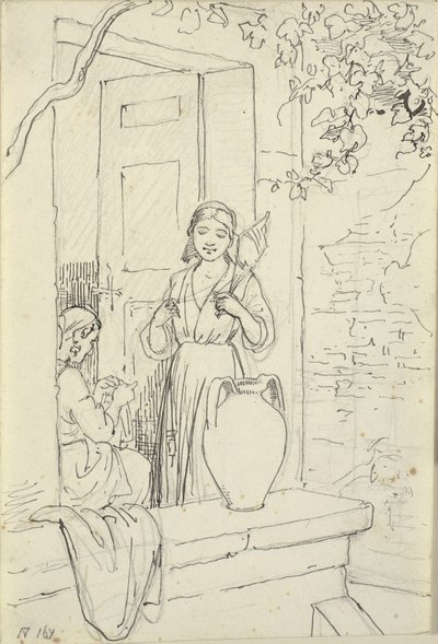 Bir kapıda iki İtalyan kadın, biri onlu by Wilhelm Marstrand