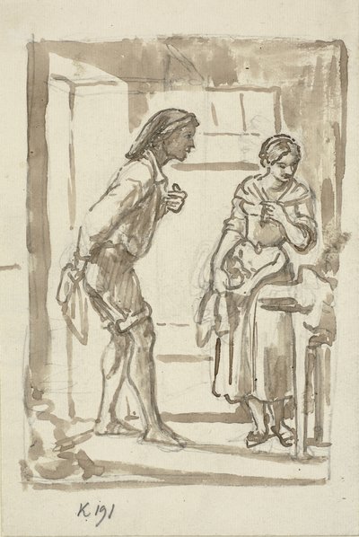 Genç balıkçı, genç bir kızın kapısına basıyor. by Wilhelm Marstrand