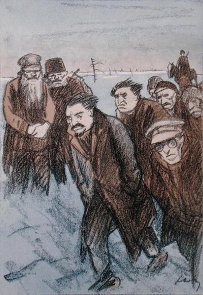 Leon Troçki'nin (1879-1940) Sibirya'daki karikatürü, 'Simplissimus' dergisinden, Ocak 1928 (renkli lito) by Wilhelm Schulz