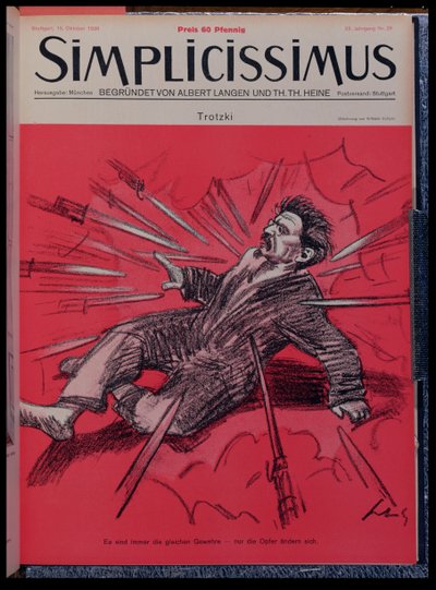 Saldırı altındaki Leon Troçki'nin (1879-1940) karikatürü, 'Simplicisissimus' dergisinden, Ekim 1928 (renkli lito) by Wilhelm Schulz