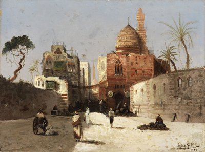 Turkish: Bir cami, minare ve bir ön avluda tüccarlar ile Doğu sokak sahnesi. by Wilhelm Sohn