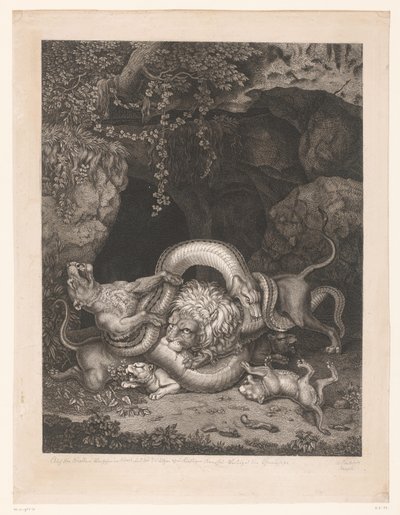 Aslan ve dişi aslan yavrularını yılandan korur by Wilhelm Tischbein