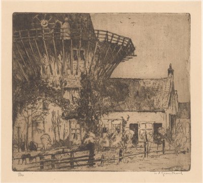 Leidschendam'da bir kule değirmeninin dibindeki ev by Willem Adrianus Grondhout (signed by artist)