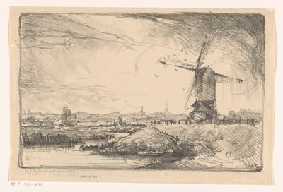 Leiden yakınlarında yel değirmeni ile manzara by Willem Adrianus Grondhout (signed by artist)