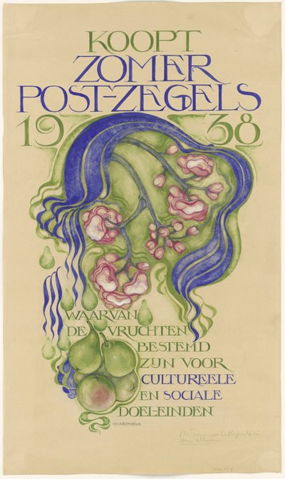 1938 yılı için yaz pullarının satışı için bir poster tasarımı by Willem Arondéus (signed by artist)