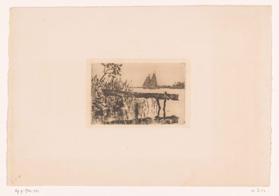 Kıyıda iskele, arkasında iki yelkenli tekne Karanlık (orijinal başlık) by Willem Bastiaan Tholen