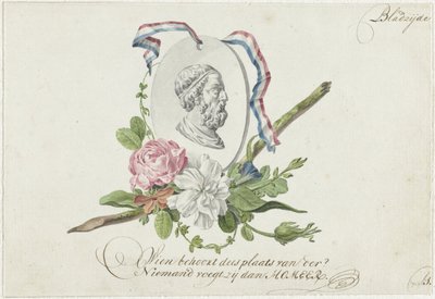 Çiçekler, portre madalyon ve kurdele ile skeç by Willem Bilderdijk