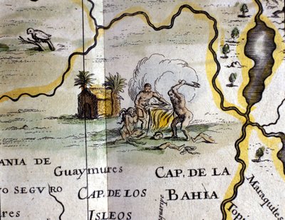 Brezilya. Baltalı bir adamı temsil eden yamyamlar. W. Blaeu Atlası haritasının detayı by Willem Blaeu