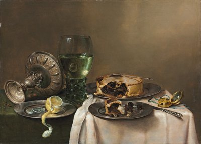 Pronk natürmort, roemer, kalkık gümüş tazza, kalaylı tabakta yarısı soyulmuş limon, turta, saat ve bıçak ile, 1631 by Willem Claesz. Heda