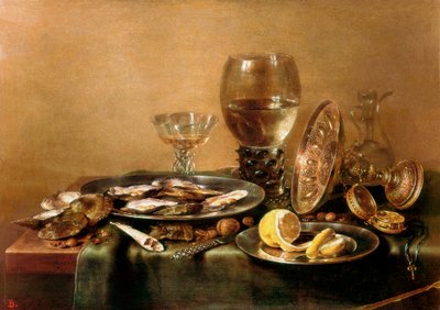 İstiridye, limon, cam ve altın sofra takımlarından oluşan natürmort by Willem Claesz. Heda