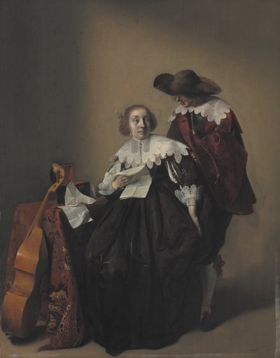 Mektup Oturan Bir Kadın, Yanında Duran Bir Bey by Willem Cornelisz Duyster