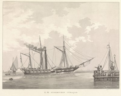 Bir iskelede çarklı vapur Z.M. Steamship Curaçao (nesnedeki başlık) by Willem Hendrik Hoogkamer