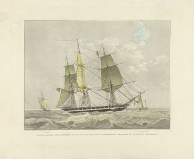 Su üzerinde yelkenli gemi, sloop ve pilot tekne Hollanda kıyılarına karşı Amerikan savaş korveti bekleyen pilot tekneyi döşerken (nesnedeki başlık) by Willem Hendrik Hoogkamer