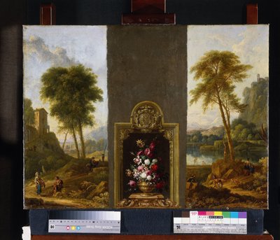Monogram ile çerçeve içinde çiçek natürmort by Willem Hendrik Wilhelmus van Royen (attributed to)
