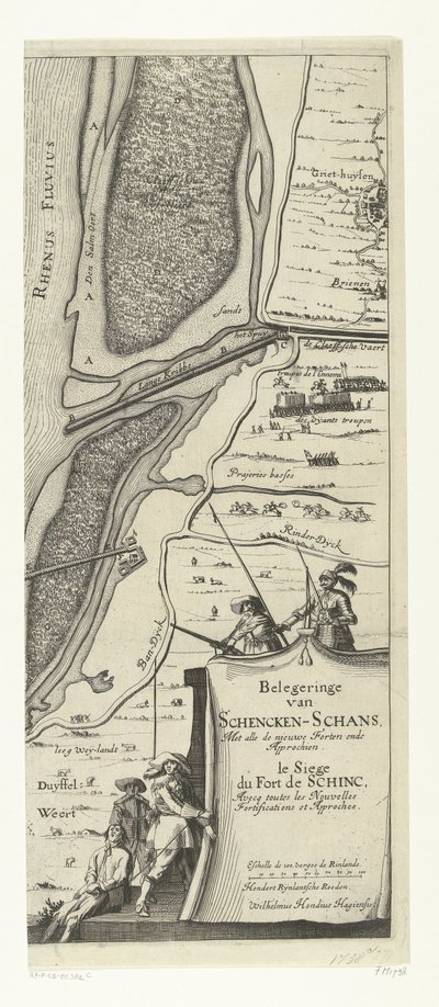 Schenckenschans Kuşatması (sağda), 1635 Belegeringe van Schencken-Schans, Her şeyin üstesinden gelme Forten ende Approchen / le Siege du Fort de schinc, Avecq toutes les Nouvelles Tahkimatı ve Yaklaşımları (nesne üzerindeki başlık) by Willem Hondius