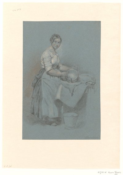 Bakır tava ile masanın yanında duran hizmetçi by Willem Johannes Adrianus Wijnandus Voorn Boers