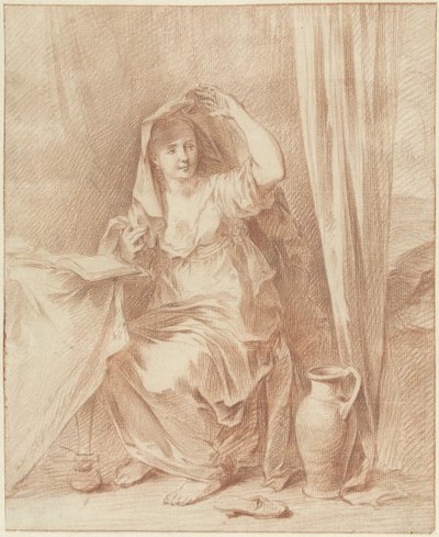 Bir kitabın arkasında bir masada oturan kadın by Willem Joseph Laquy