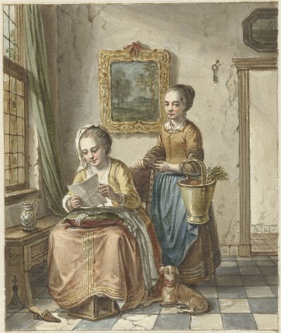 Bir hizmetçi ile oturan kadın, bir mektup okuyor by Willem Joseph Laquy