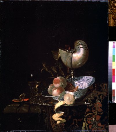 ""Sedef kadehli natürmort" (Sedef kadehli natürmort) Şeftali, kabuğu (kabuğu) ile limon ve bir kadeh şarap. Willem Kalf (1619-1693) tarafından yapılan tablo 1660 dolaylarında Puşkin Müzesi, Moskova by Willem Kalf