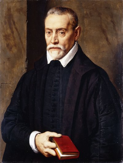 Bir Akademisyen portresi, yarım uzunlukta, siyah kostümlü, elinde kitap, by Willem Key