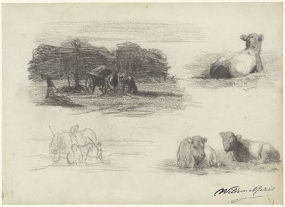 Hasatçılar ve ineklerin dört çizimi by Willem Maris