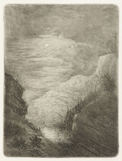 Ay ışığında nehir ile dağ manzarası by Willem Matthias Jan van Dielen