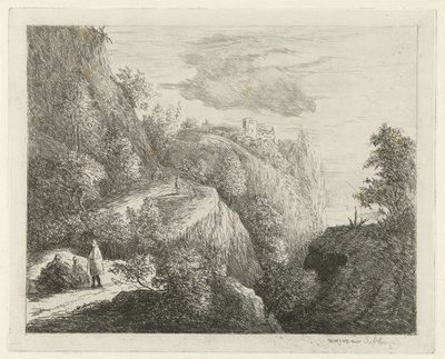 Yolun kenarında dinlenme figürleri olan dağ manzarası by Willem Matthias Jan van Dielen