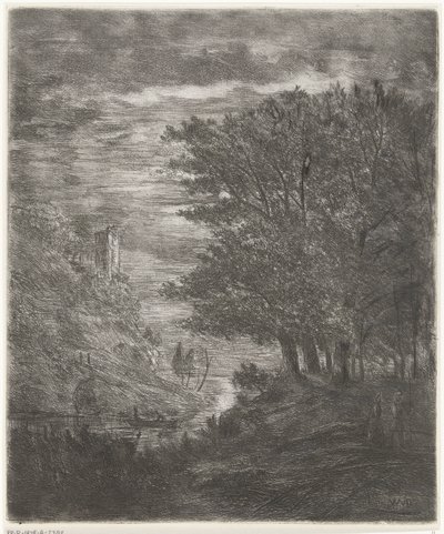 Ay ışığında su üzerinde harabeler ve tekne ile tepelik manzara by Willem Matthias Jan van Dielen