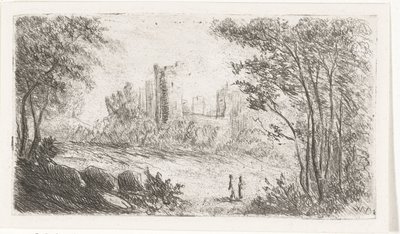 Bir kale kalıntıları ve iki figür ile manzara by Willem Matthias Jan van Dielen