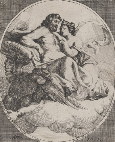 Jüpiter ve Juno bulutların üzerinde oturuyorlar, solda şimşekler tutan bir kartal, 1631. by Willem Panneels
