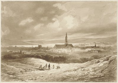Bir gölün üzerinde bir şehrin tepelerinden görünüm by Willem Pieter Hoevenaar