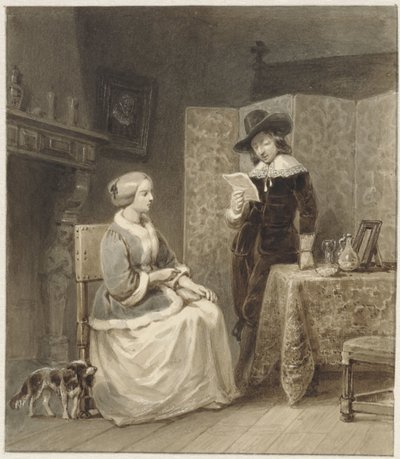 Oturan kadın ve ayakta, adam okuma ile tarihi iç by Willem Pieter Hoevenaar