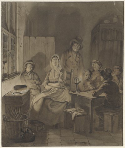 Mum ışığında masanın etrafında bir grup insanla iç mekan by Willem Pieter Hoevenaar