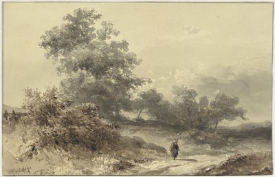 Çalılarla dolu bir manzara ve köy yolunda bir figür by Willem Roelofs (I)