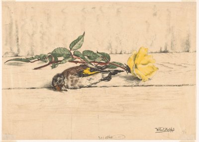 Bir gülün yanında yatan ölü saka kuşu by Willem Roelofs (II) (signed by artist)