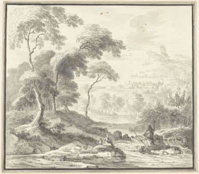 Bir dere tarafından kadınlarla pastoral tepelik manzara by Willem Troost (I)