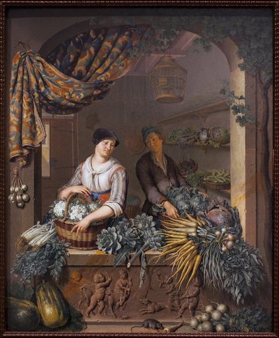 Bir sebze satıcısı. Willem van Mieris (1662-1747), ahşap üzerine yağlı boya tablosu by Willem Van Mieris